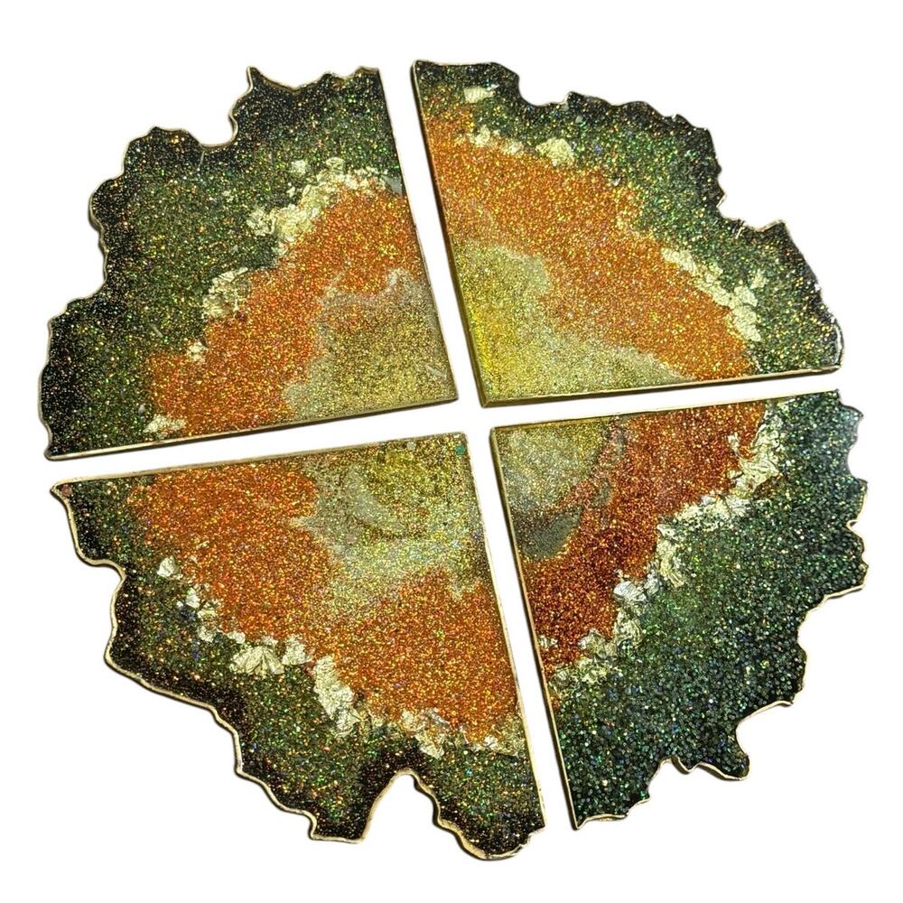 Handmade Resin Geode Inspired Coasters Trivet‎ Green Gold Glitter Abstract Gift